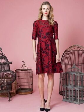 Lela Rose Red & Black Brocade Dress Designer Floral Jacquard Cocktail Mini